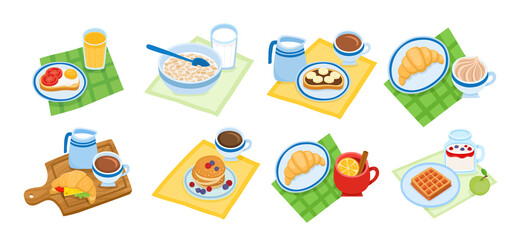 Cartoon set with different types of breakfast isolated on white