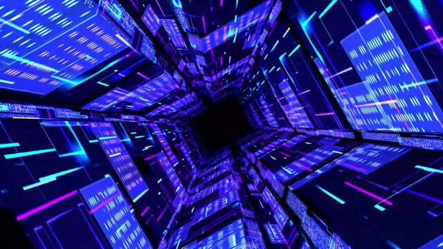 Abstract technological background 3D animation, moving through a futuristic digital cyberspace tunnel corridor or shaft loop. Great for scientific, technological, industrial, futuristic, sci-fi illust