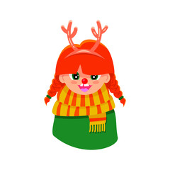 Vector illustration of a red haired girl with a red decorative nose and deer antlers. Cute baby face with a smile.