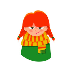 Illustration of an angry red haired little girl. Displeased face.