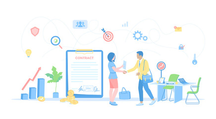 Agreement, Partnership. Business people shaking hands after signing contract. Sponsoring, Business idea, Startup, Success deal. Vector illustration flat style.