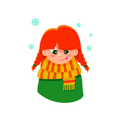 Fototapeta premium Illustration of a red haired girl who catches snowflakes. Vector sticker.