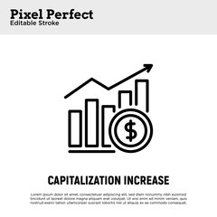 Capitalization increase thin line icon. Graph of growth with dollar sign. Dividends. Pixel perfect, editable stroke. Vector illustration.