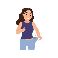 Woman feeling happy because of successful diet. Loose pant as a result of weight loss. Flat vector design