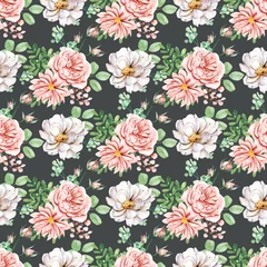 Foto op Canvas Flower floral pattern, seamless background with watercolor pink and white roses. Repeat fabric wallpaper print texture. Perfectly for wrapped paper, backdrop, frame or border. © Larisa