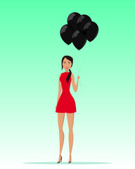 Caucasian woman in red dress hold black helium balloons. Vector illustration.