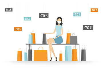 Woman in mask sitting with a lot of purchases. Shopping. Vector illustration.