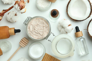 Skin care scrub concept on white background