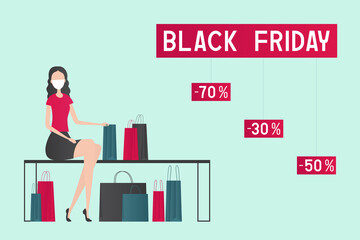 Woman in protective mask sitting with a lot of purchases. Black Friday sale. Vector illustration.