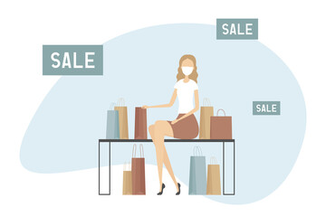 Woman in medical mask sitting with her purchases. Shopping 2021. Vector illustration.