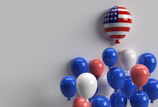 3D Render American Patriotic Balloons in Traditional Colors. 4th of July USA Independence Day Concept.