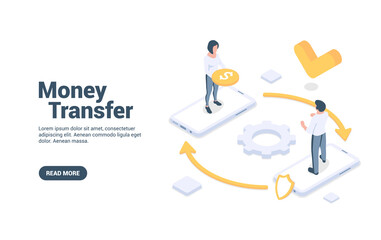 Money transfer. Concept of service for mobile transactions, secure payments. Vector illustration in isometric style. Isolated on white background.