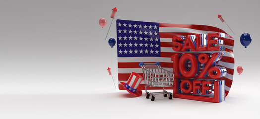 3D Render Usa flag 4th of July USA Independence Day Concept 10% Sale OFF Discount Banner.