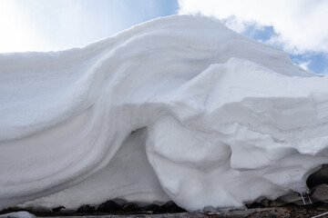 Perfect abstract texture of winter snow, mounds of frozen white snow. Wavy surface of a snowdrift
