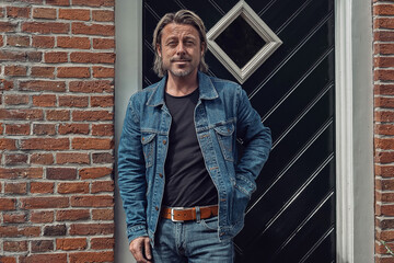 Blond man in jeans with a brown leather belt and a denim jacket in front of front door of an old...