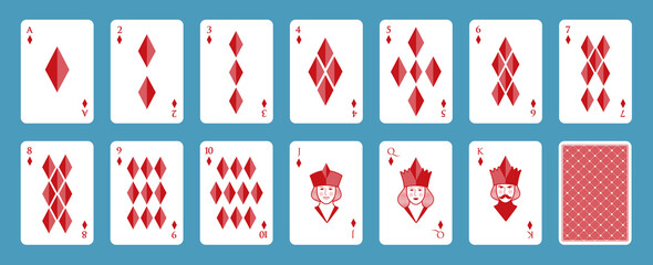Deck of poker playing cards. Diamonds. Stylized illustration on white background.