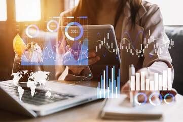 Intelligence (BI) and business analytics (BA) with (KPI) dashboard concept.Website designer working in come digital tablet  laptop.and smart phone..