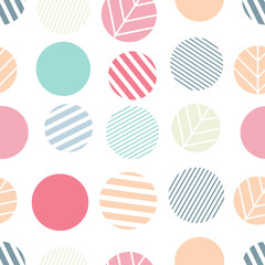 Colorful round shapes with simple striped elements on a white background. Seamless light abstract geometry pattern. Suitable for wallpaper, packaging, textile.