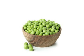 Bowl with pea seeds isolated on white background