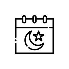 Ramadan Islamic Calendar Vector Icon in Outline Style. A calendar with a crescent moon and star is a symbol of the month of Ramadan and islamic holidays.