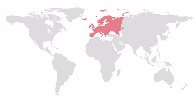 2D World map with red highlighting of Europe. Allocation of the mainland territory. Alpha channel. 4K
