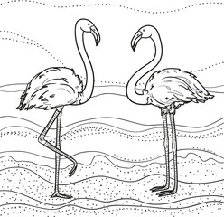 Abstract wallpaper. Flamingo. Landscape. Hand drawn birds on isolated background.  Design for spiritual relaxation for adults. Black and white illustration for coloring. Print for polygraphy, t-shirts