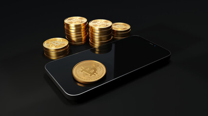 Blockchain cyptocurrency bitcoin btc with smartphone, Mobile phone next to stacks of bitcoins, 3d rendering