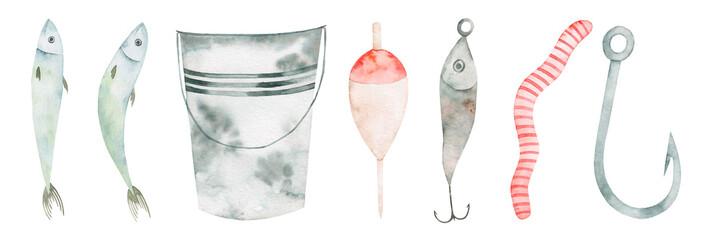 Fishing watercolor set. Gear clipart. Isolated on a white background. Hand drawn. Fish, bucket, float, hook, worm, spoon. Camping. Father's day.