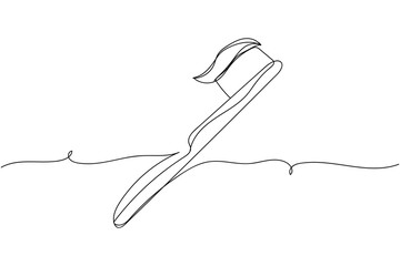 Continuous one line of toothbrush with toothpaste in silhouette on a white background. Linear stylized.Minimalist.