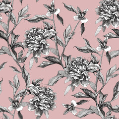 Monochrome black and white seamless pattern outline flowers peony on pink background. Design for textiles, fabrics, packaging, wallpapers, home decoration, scrapbooking