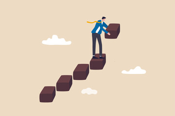 Build business success stairs, self development or career growth and job improvement, growing up or job promotion concept, businessman building staircase to progress ascending business growth.