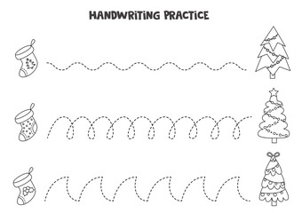Tracing lines with black and white Christmas socks and trees. Writing practice.