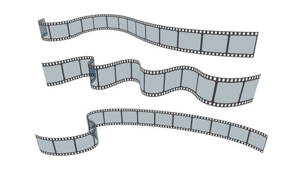 35mm photo and movie film roll vector set isolated on white background. Collection of blank cinema film strip frames with transparency and different shape effect. Isometric film strip in perspective.