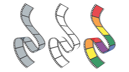 3D isometric film strip in perspective. Set of multicolor film strip for camera or projector isolated on white background. Art design of cinema elements for brochure, leaflet, poster, flyer, banner.