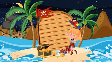 Papier Peint photo Chambre denfants Enfants pirates sur la scène nocturne de la plage avec un modèle de bannière en bois vide
