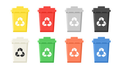 Garbage can icon set. Waste containers in different colors. Trash symbol. Waste sorting. Vector illustration isolated on white background