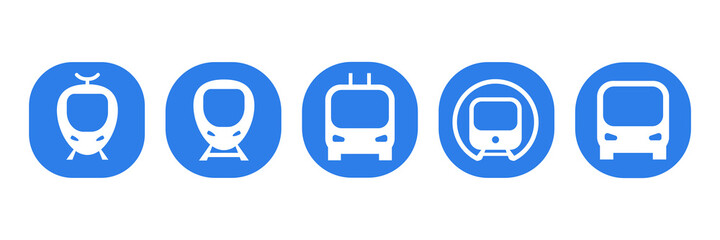 Public city transport icon set. Bus, tram, trolleybus, undeground, train sign. Vector illustration