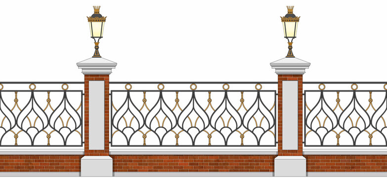 Classic Iron Fence With Red Brick Pillars. Wrought Iron Railing. Urban Design. Gold Decor. Vintage. Luxury Modern Architecture. Ornamental Fence. Palace. City. Street. Park. Blacksmithing. Isolated.
