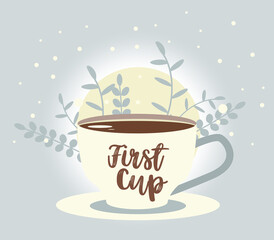 First cup of morning  fresh coffee with leaves on background. Editable vector illustration