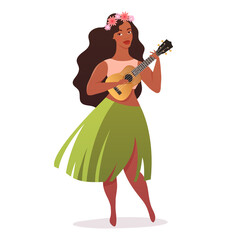 Fototapeta na wymiar Young woman hula dancer in traditional hawaiian skirt with ukulele guitar. Vector illustration isolated on white background