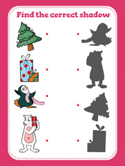 Find the correct shadow. Educational game for children. Cartoon