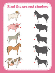 Find the correct shadow. Educational game for children. Cartoon