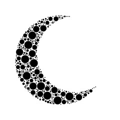 A large moon symbol in the center made in pointillism style. The center symbol is filled with black circles of various sizes. Vector illustration on white background