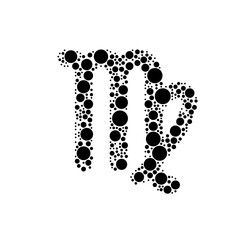 A large zodiac virgo symbol in the center made in pointillism style. The center symbol is filled with black circles of various sizes. Vector illustration on white background