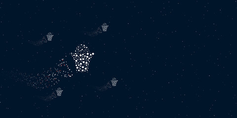 Fototapeta na wymiar A basketball symbol filled with dots flies through the stars leaving a trail behind. There are four small symbols around. Vector illustration on dark blue background with stars