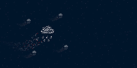 Obraz na płótnie Canvas A rain symbol filled with dots flies through the stars leaving a trail behind. Four small symbols around. Empty space for text on the right. Vector illustration on dark blue background with stars