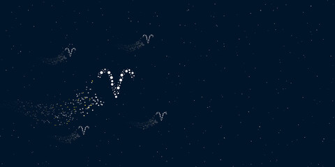 Fototapeta na wymiar A zodiac aries symbol filled with dots flies through the stars leaving a trail behind. There are four small symbols around. Vector illustration on dark blue background with stars