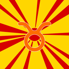 Zodiac taurus symbol on a background of red flash explosion radial lines. The large orange symbol is located in the center of the sun, symbolizing the sunrise. Vector illustration on yellow background