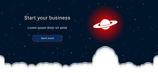 Business startup concept Landing page screen. The saturn symbol on the right is highlighted in bright red. Vector illustration on dark blue background with stars and curly clouds from below © Alexey