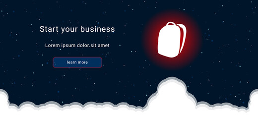 Business startup concept Landing page screen. The school bag symbol on the right is highlighted in bright red. Vector illustration on dark blue background with stars and curly clouds from below